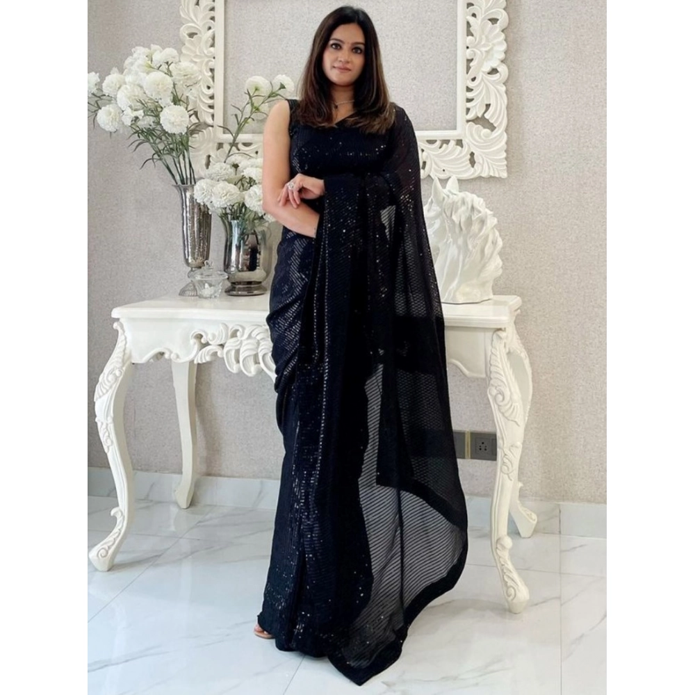 Spherevant Women's Georgette Embellished Sequnece Bollywood Saree With Unstitched Blouse 5.5Mtr (Black)
