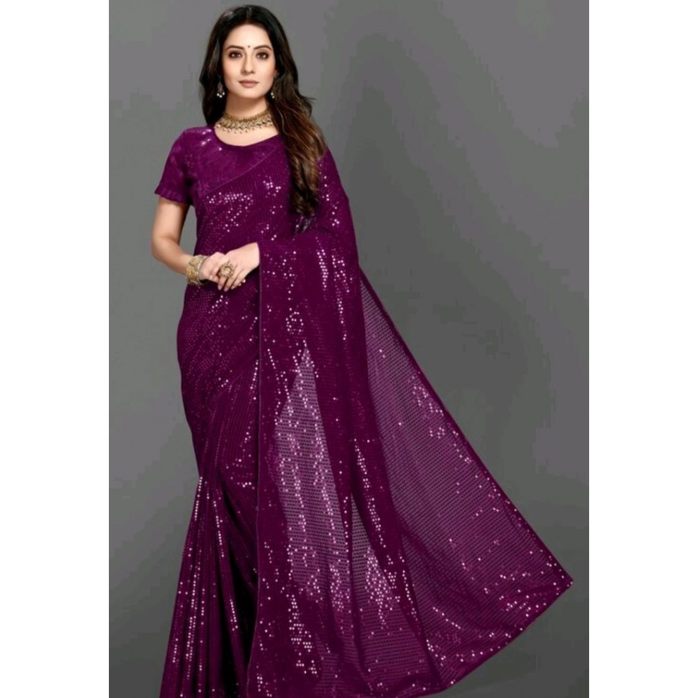 Spherevant Women's Georgette Embellished Sequnece Bollywood Saree With Unstitched Blouse 5.5Mtr (Purple)