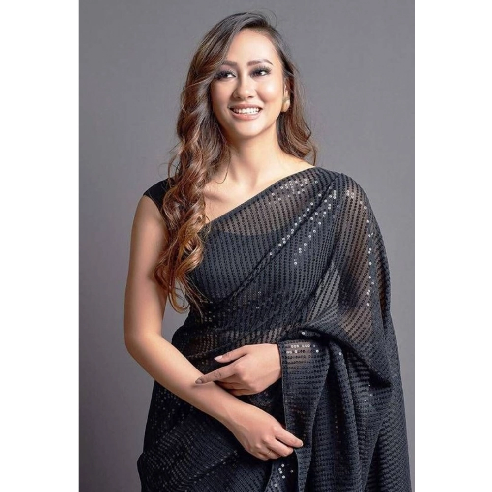 Spherevant Women's Georgette Embellished Sequnece Bollywood Saree With Unstitched Blouse 5.5Mtr (Black)