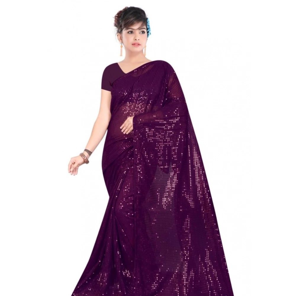 Spherevant Women's Georgette Embellished Sequnece Bollywood Saree With Unstitched Blouse 5.5Mtr (Purple)