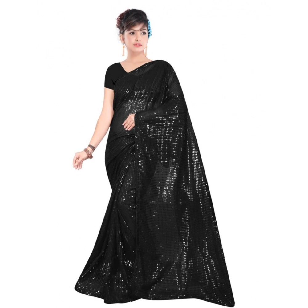 Spherevant Women's Georgette Embellished Sequnece Bollywood Saree With Unstitched Blouse 5.5Mtr (Black)