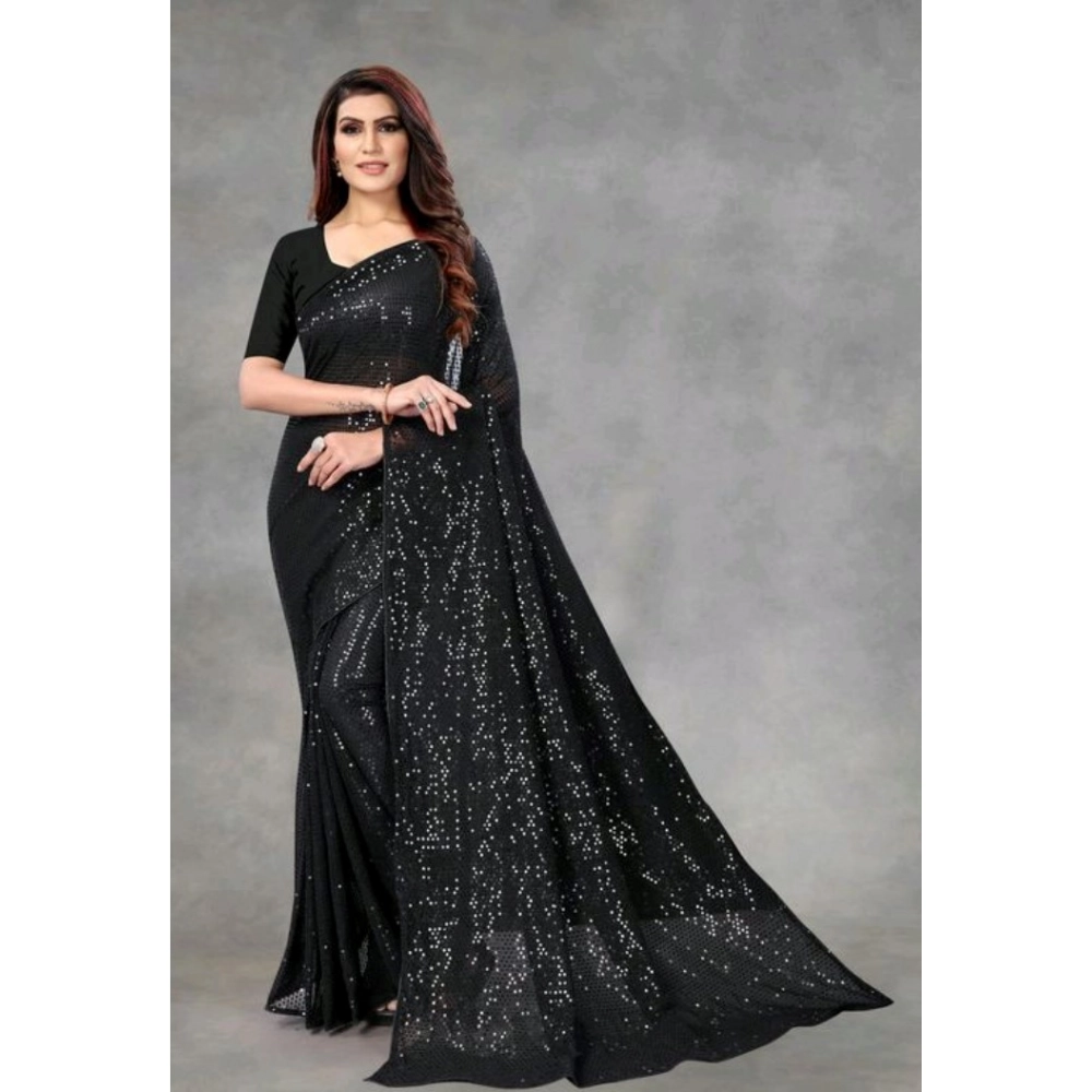 Spherevant Women's Georgette Embellished Sequnece Bollywood Saree With Unstitched Blouse 5.5Mtr (Black)