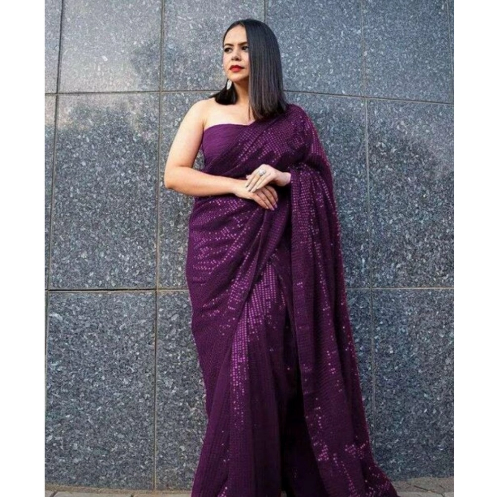 Spherevant Women's Georgette Embellished Sequnece Bollywood Saree With Unstitched Blouse 5.5Mtr (Purple)