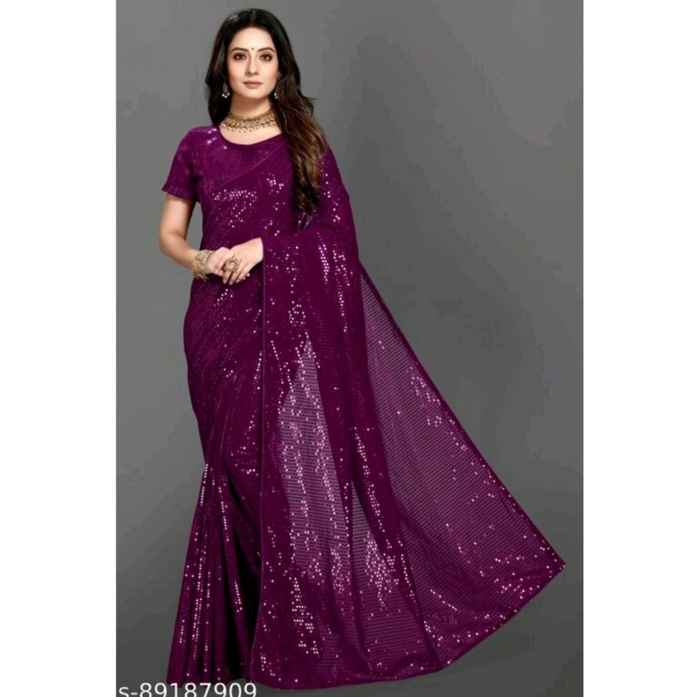 Spherevant Women's Georgette Embellished Sequnece Bollywood Saree With Unstitched Blouse 5.5Mtr (Purple)