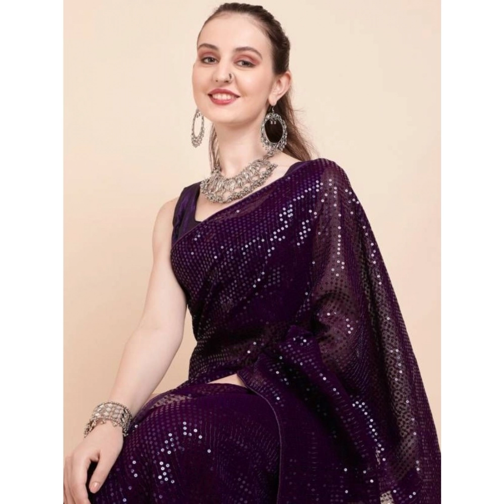Spherevant Women's Georgette Embellished Sequnece Bollywood Saree With Unstitched Blouse 5.5Mtr (Purple)