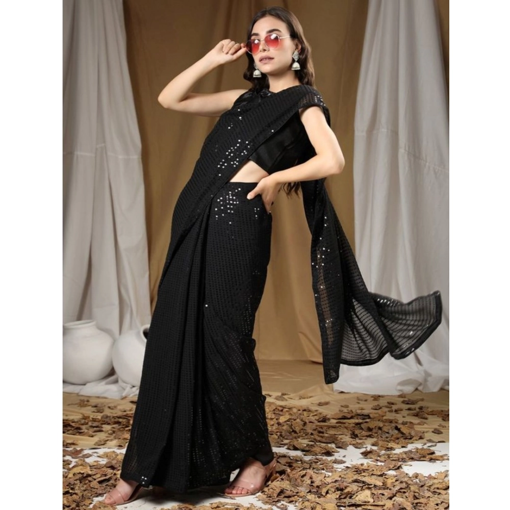 Spherevant Women's Georgette Embellished Sequnece Bollywood Saree With Unstitched Blouse 5.5Mtr (Black)