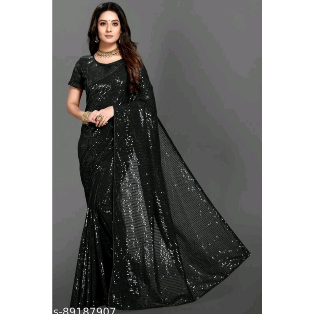 Spherevant Women's Georgette Embellished Sequnece Bollywood Saree With Unstitched Blouse 5.5Mtr (Black)