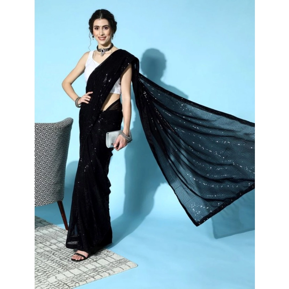 Spherevant Women's Georgette Embellished Sequnece Bollywood Saree With Unstitched Blouse 5.5Mtr (Black)