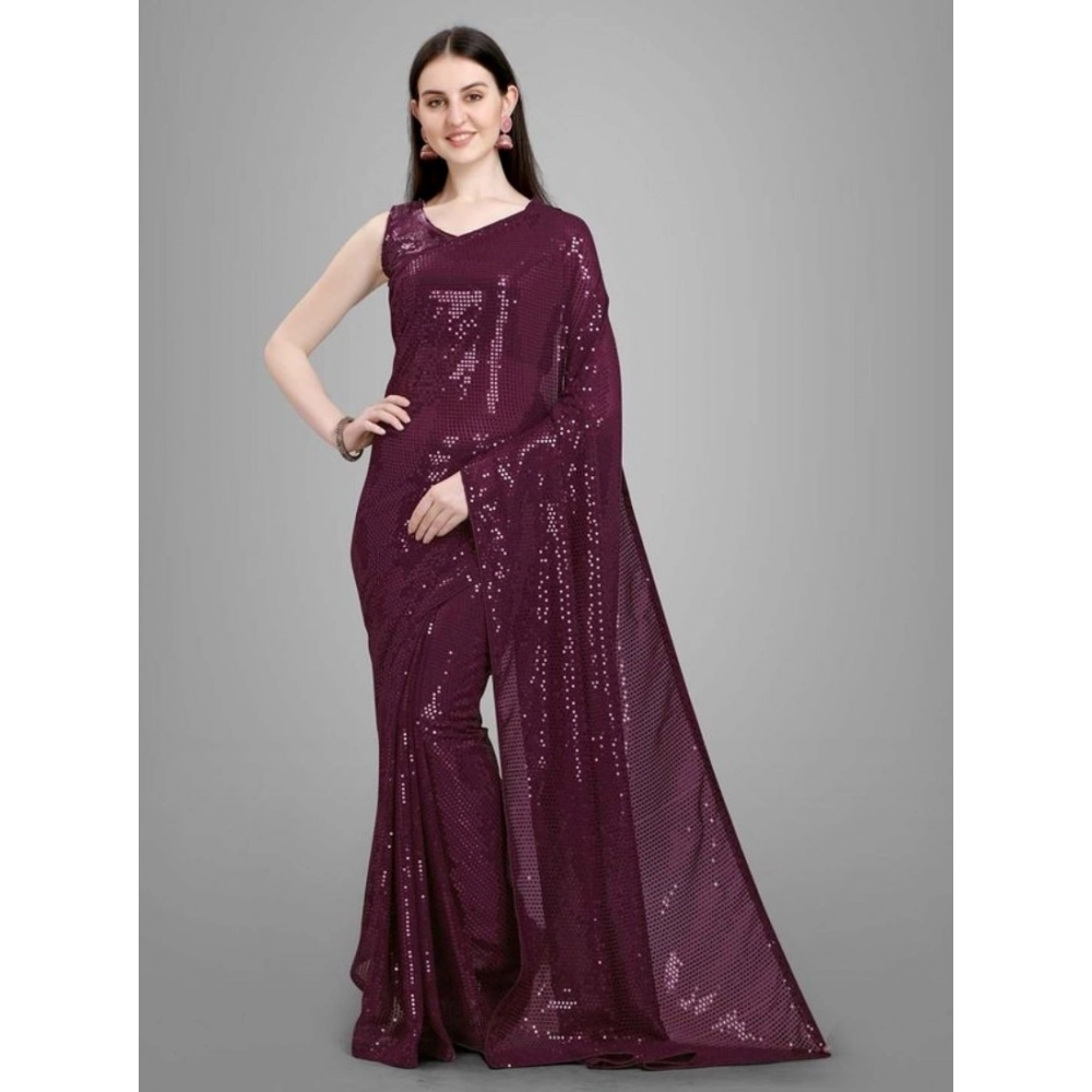 Spherevant Women's Georgette Embellished Sequnece Bollywood Saree With Unstitched Blouse 5.5Mtr (Purple)