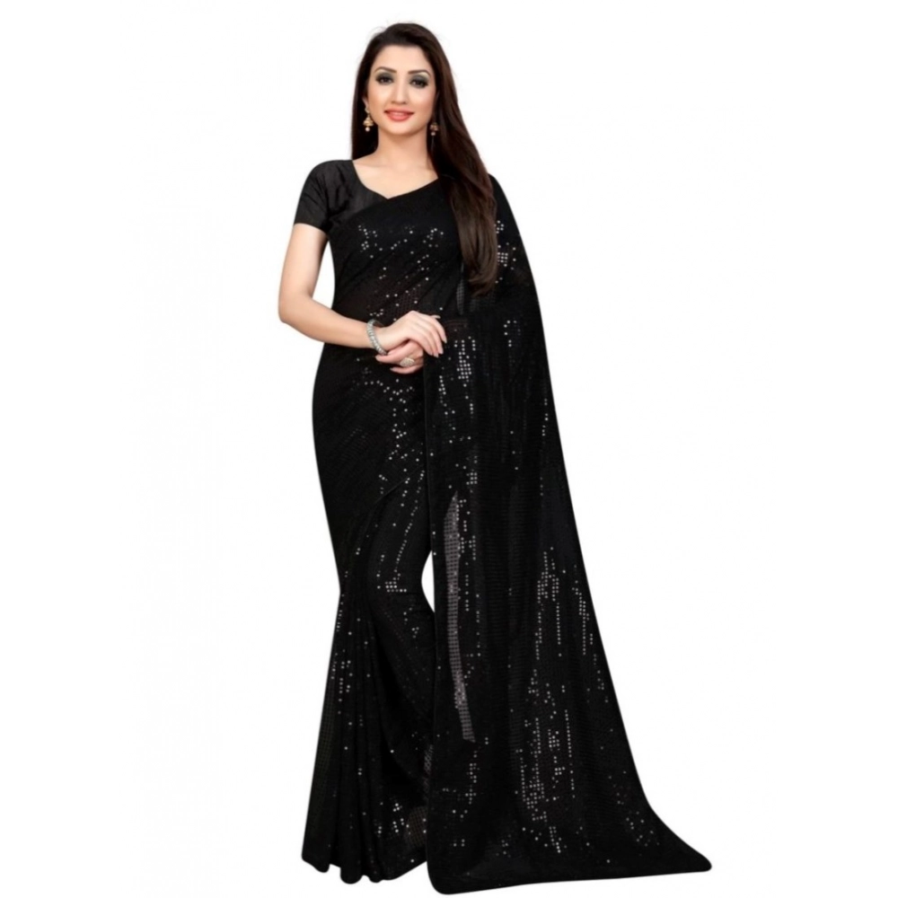 Spherevant Women's Georgette Embellished Sequnece Bollywood Saree With Unstitched Blouse 5.5Mtr (Black)