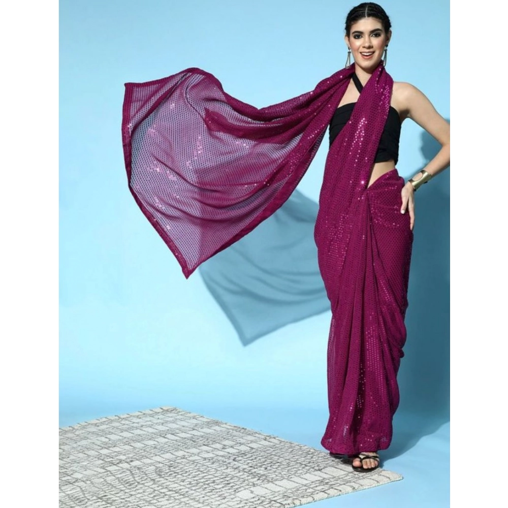 Spherevant Women's Georgette Embellished Sequnece Bollywood Saree With Unstitched Blouse 5.5Mtr (Wine)