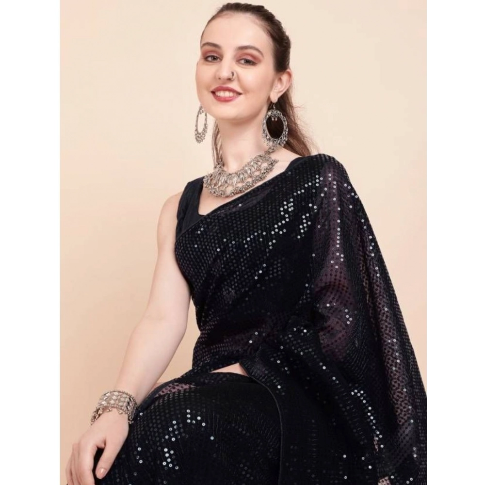 Spherevant Women's Georgette Embellished Sequnece Bollywood Saree With Unstitched Blouse 5.5Mtr (Black)