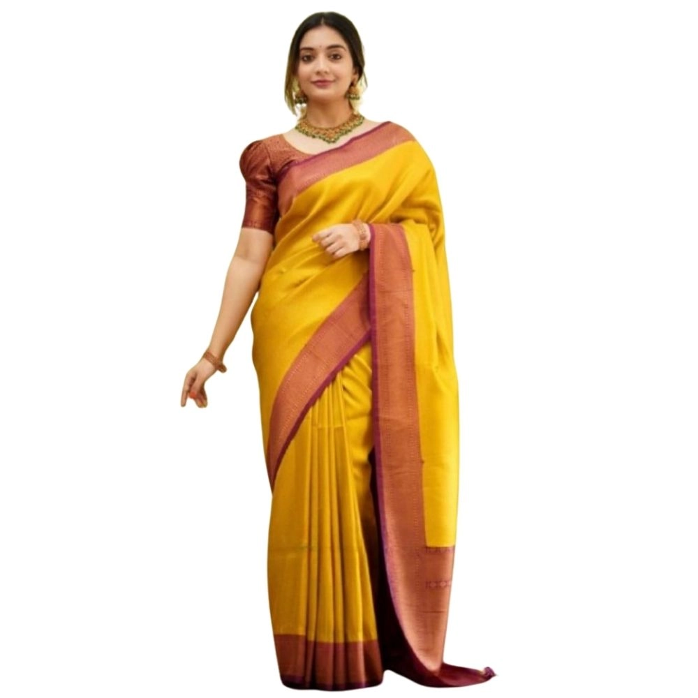 Spherevant Women's Silk Printed Saree With Unstitched Blouse 5.5Mtr (Yellow)