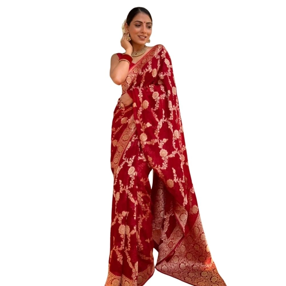 Spherevant Women's Silk Printed Saree With Unstitched Blouse 5.5Mtr (Red)