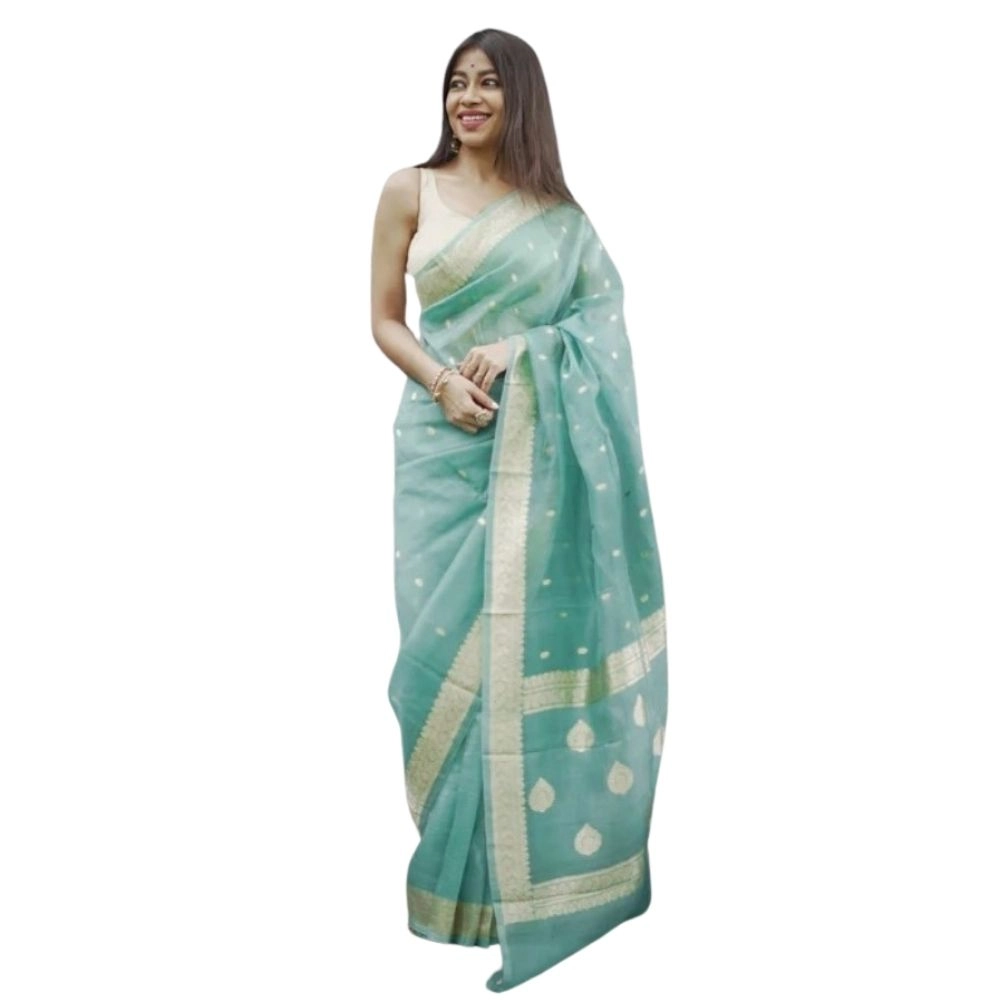 Spherevant Women's Cotton Printed Saree With Unstitched Blouse 5.5Mtr (Sky)