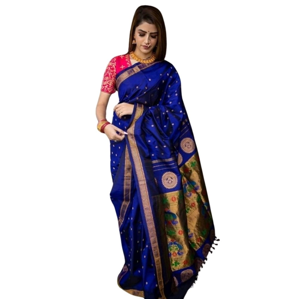 Spherevant Women's Silk Printed Saree With Unstitched Blouse 5.5Mtr (Blue)
