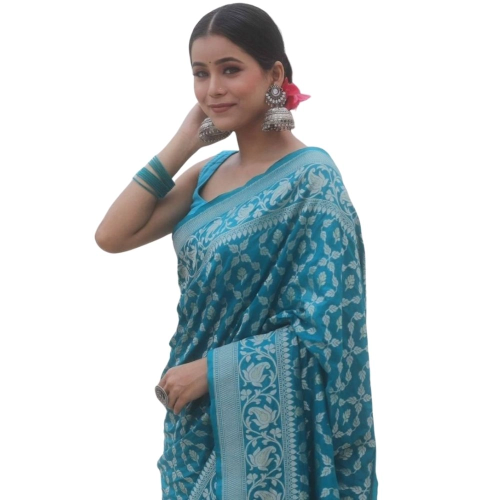 Spherevant Women's Silk Printed Saree With Unstitched Blouse 5.5Mtr (Sky Blue)