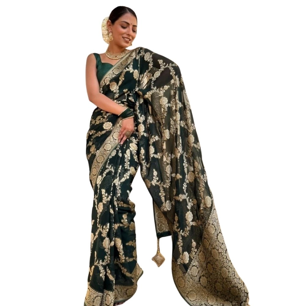 Spherevant Women's Silk Printed Saree With Unstitched Blouse 5.5Mtr (Dark Green)