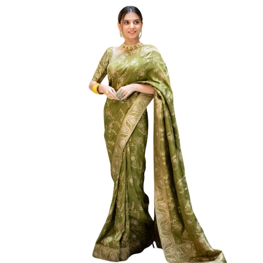 Spherevant Women's Silk Printed Saree With Unstitched Blouse 5.5Mtr (Olive Green)
