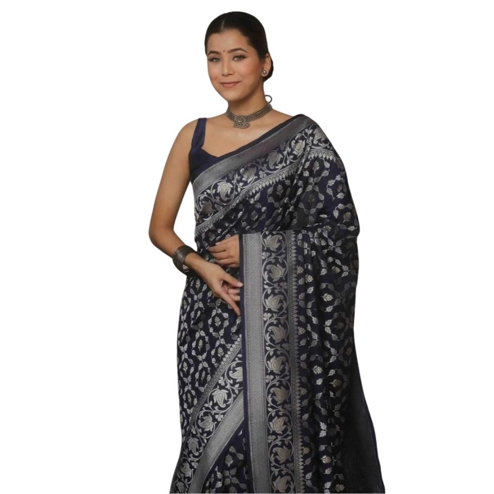 Spherevant Women's Silk Printed Saree With Unstitched Blouse 5.5Mtr (Navy Blue)