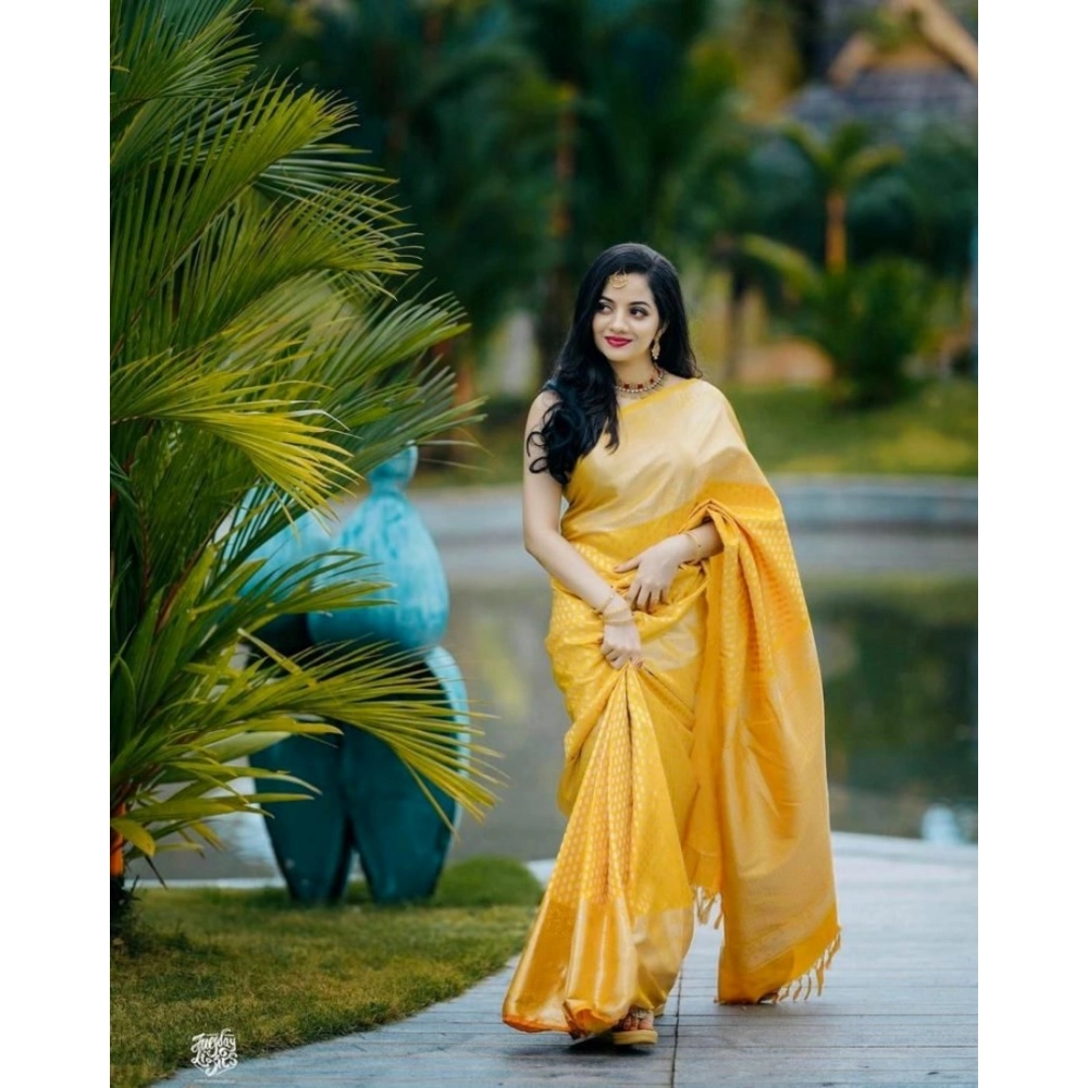 Spherevant Women's Soft Lichi Silk Printed Saree With Unstitched Blouse 5.5Mtr (Yellow) - Image 3