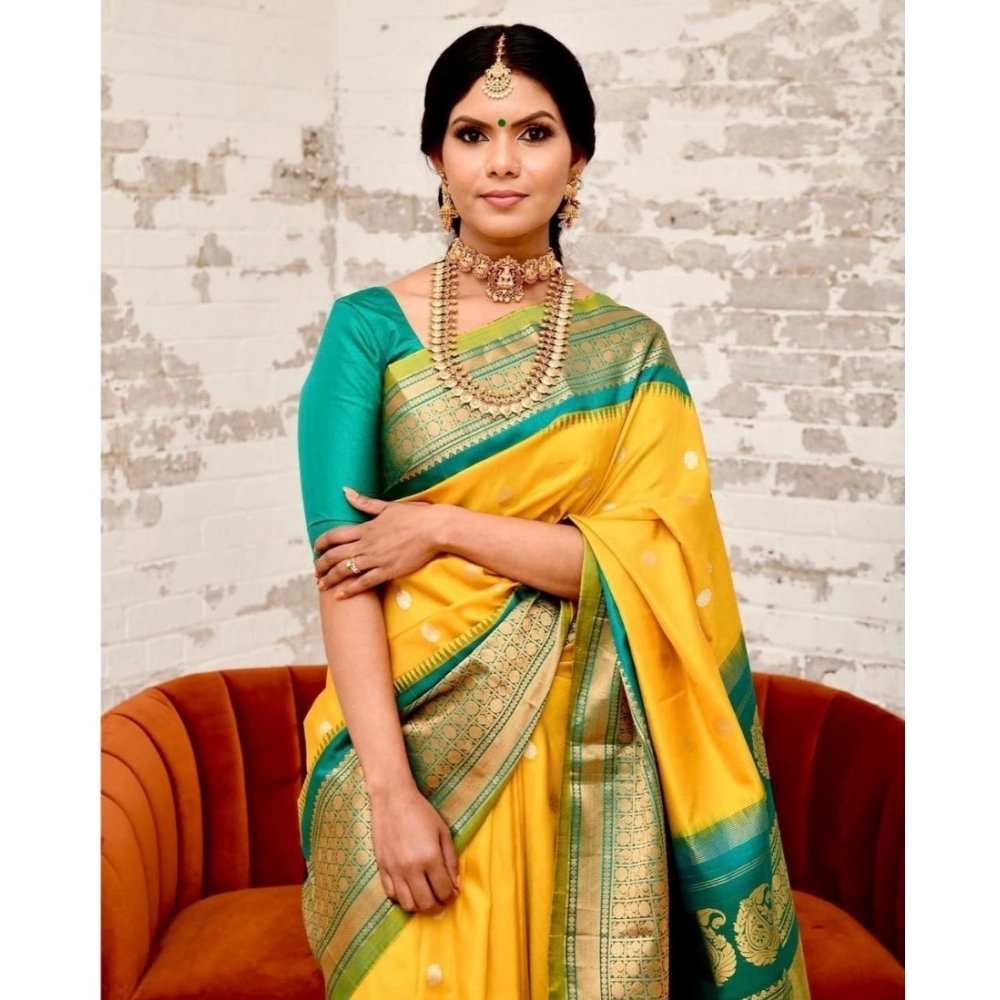 Spherevant Women's Soft Lichi Silk Printed Saree With Unstitched Blouse 5.5Mtr (Yellow) - Image 3