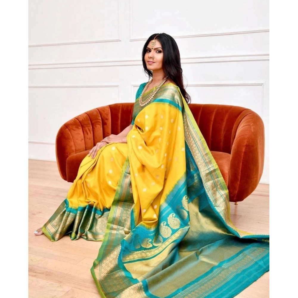 Spherevant Women's Soft Lichi Silk Printed Saree With Unstitched Blouse 5.5Mtr (Yellow) - Image 4