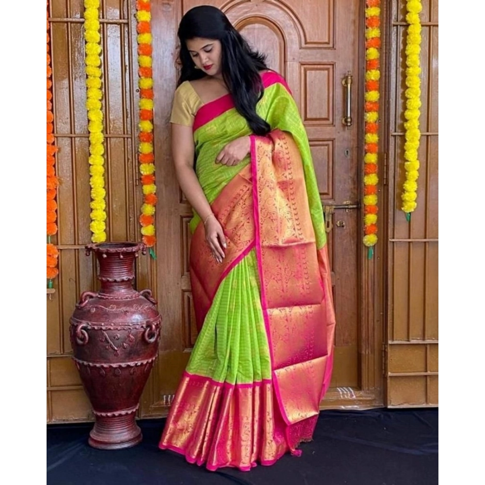 Spherevant Women's Soft Lichi Silk Printed Saree With Unstitched Blouse 5.5Mtr (Green)