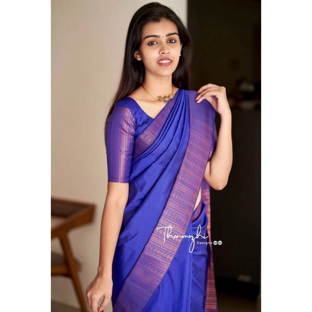 Spherevant Women's Soft Lichi Silk Solid Saree With Unstitched Blouse 5.5Mtr (Blue)