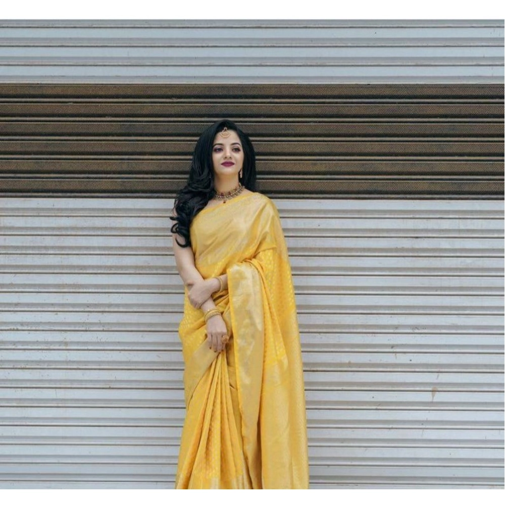 Spherevant Women's Soft Lichi Silk Printed Saree With Unstitched Blouse 5.5Mtr (Yellow) - Image 2