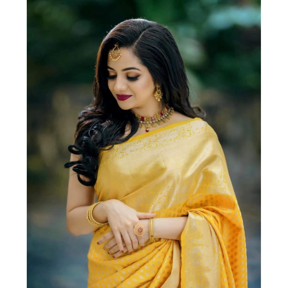 Spherevant Women's Soft Lichi Silk Printed Saree With Unstitched Blouse 5.5Mtr (Yellow) - Image 4