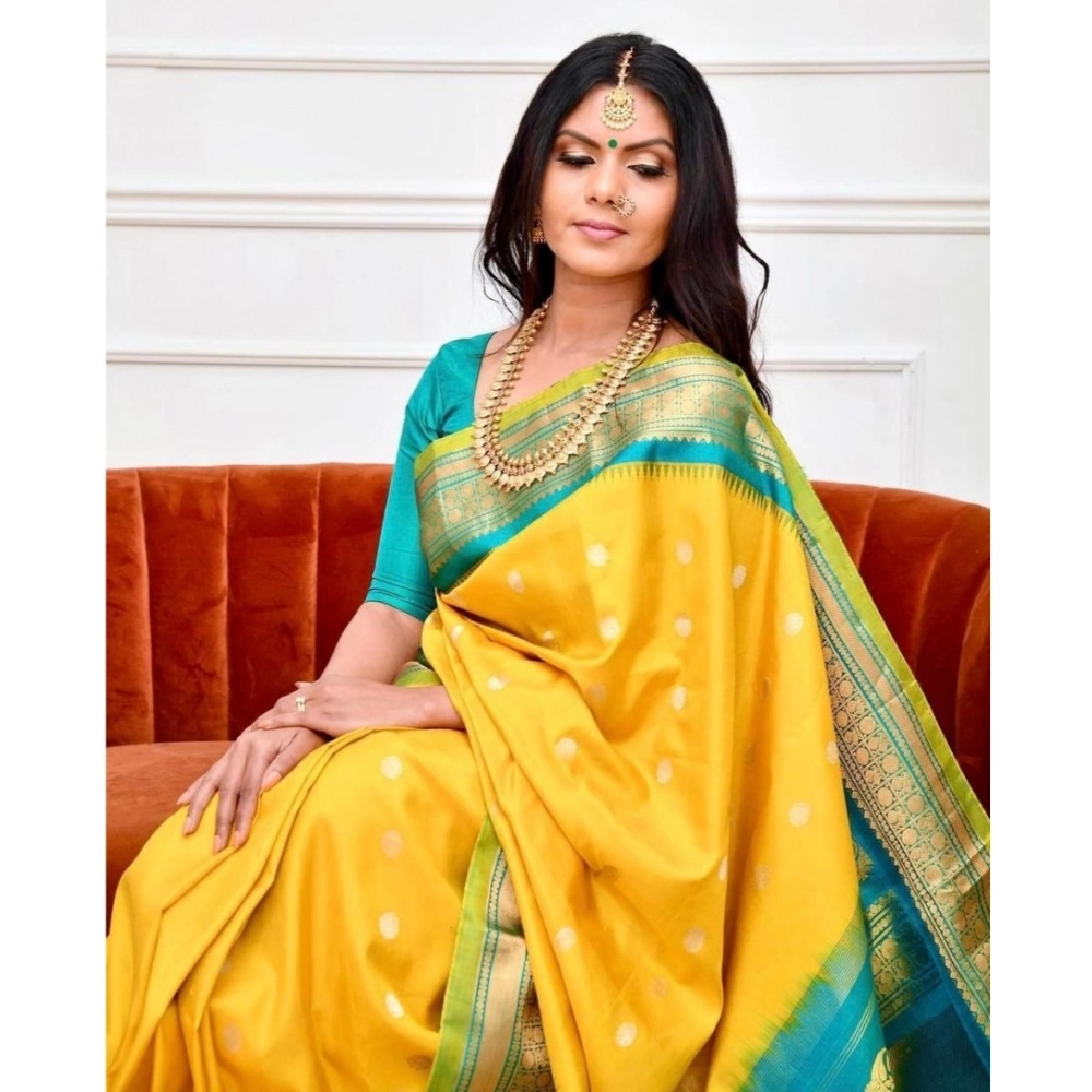 Spherevant Women's Soft Lichi Silk Printed Saree With Unstitched Blouse 5.5Mtr (Yellow) - Image 2