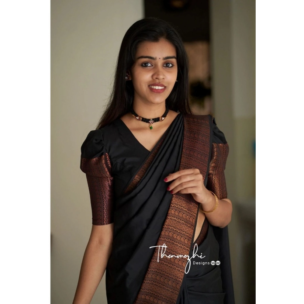 Spherevant Women's Soft Lichi Silk Solid Saree With Unstitched Blouse 5.5Mtr (Black)