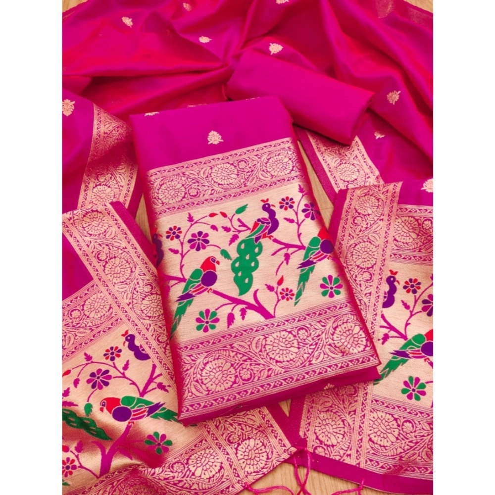 Spherevant Women's Banarasi Silk Printed Unstitched Salwar Suit Material With Dupatta (Pink, 3Mtrs)