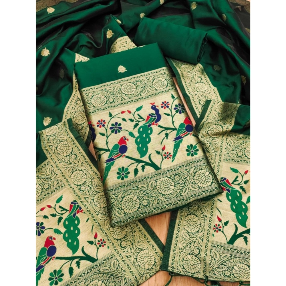 Spherevant Women's Banarasi Silk Printed Unstitched Salwar Suit Material With Dupatta (Bottle Green, 3Mtrs)