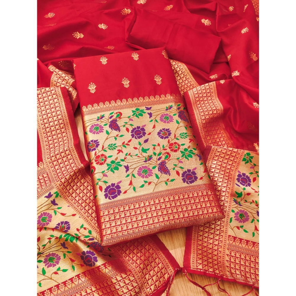 Spherevant Women's Banarasi Silk Printed Unstitched Salwar Suit Material With Dupatta (Red, 3Mtrs)