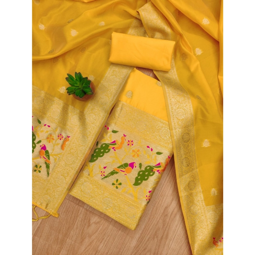 Spherevant Women's Banarasi Silk Printed Unstitched Salwar Suit Material With Dupatta (Yellow, 3Mtrs) - Image 2