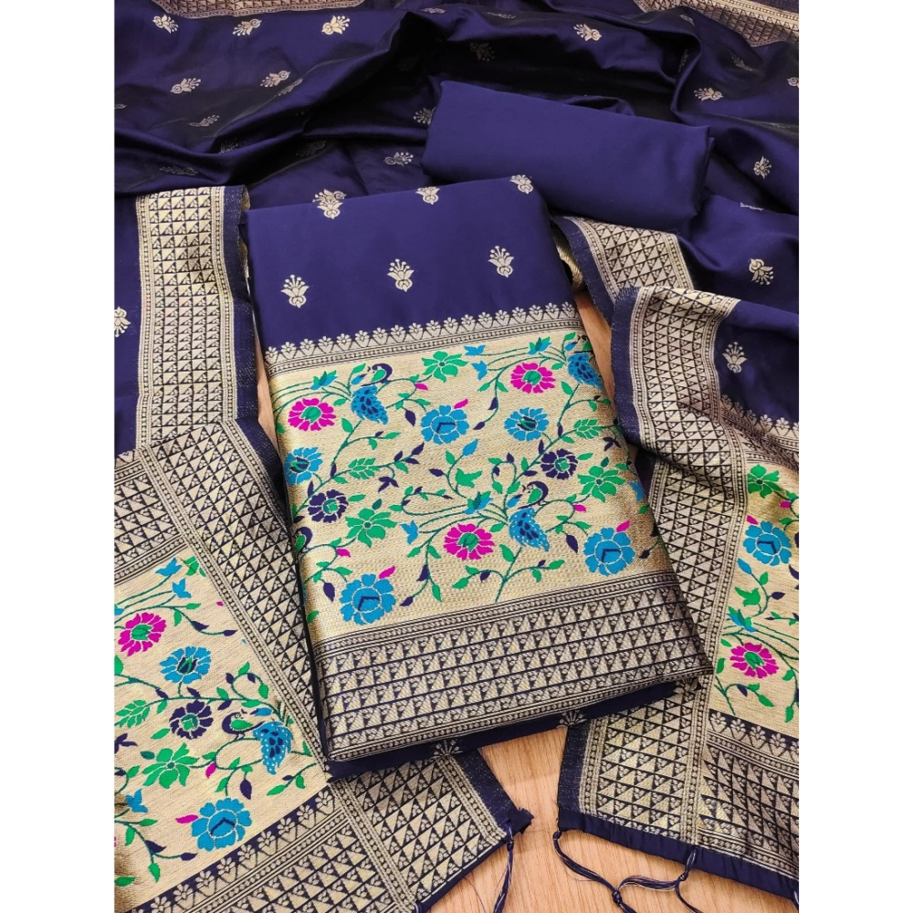 Spherevant Women's Banarasi Silk Printed Unstitched Salwar Suit Material With Dupatta (Navy Blue, 3Mtrs)