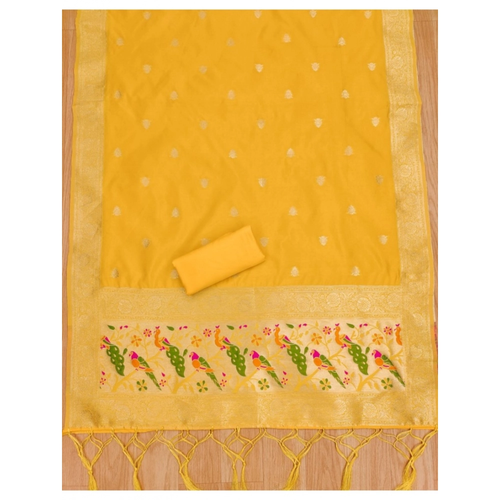 Spherevant Women's Banarasi Silk Printed Unstitched Salwar Suit Material With Dupatta (Yellow, 3Mtrs) - Image 4