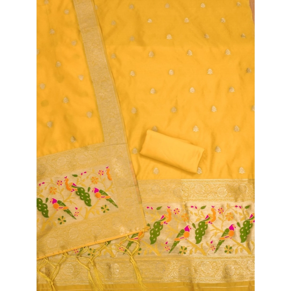 Spherevant Women's Banarasi Silk Printed Unstitched Salwar Suit Material With Dupatta (Yellow, 3Mtrs) - Image 3