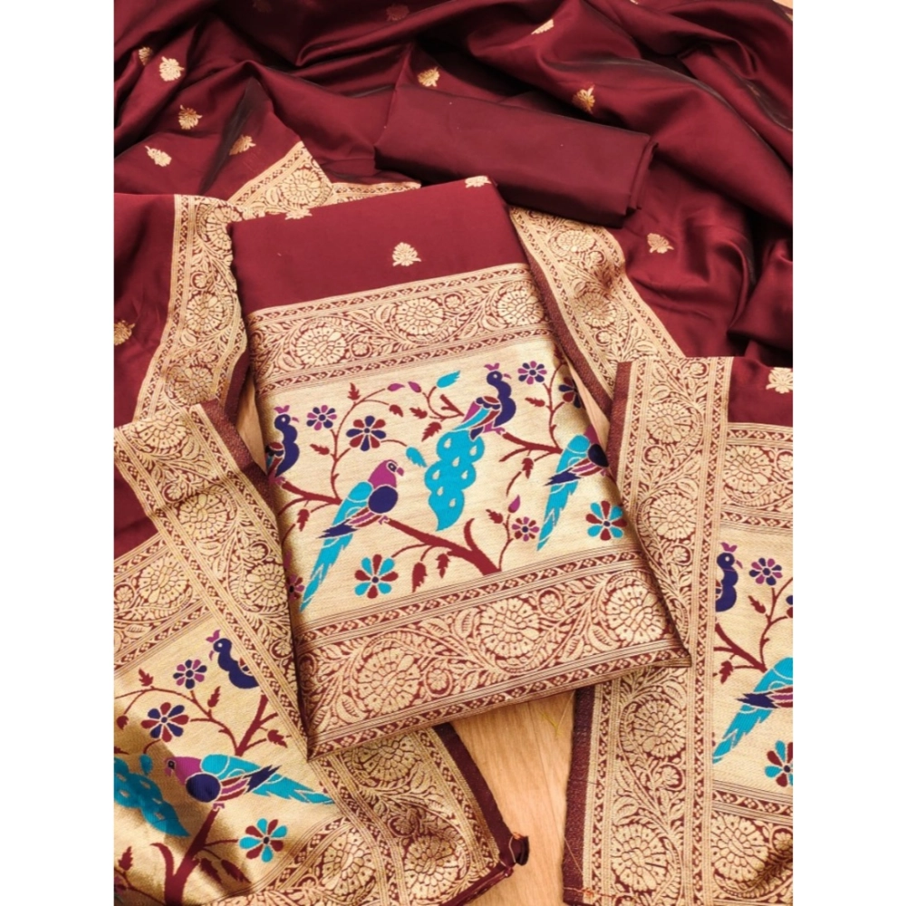 Spherevant Women's Banarasi Silk Printed Unstitched Salwar Suit Material With Dupatta (Maroon, 3Mtrs)