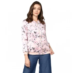 Spherevant Women's Satin Floral 3/4th Sleeve Jacket (Light Pink)