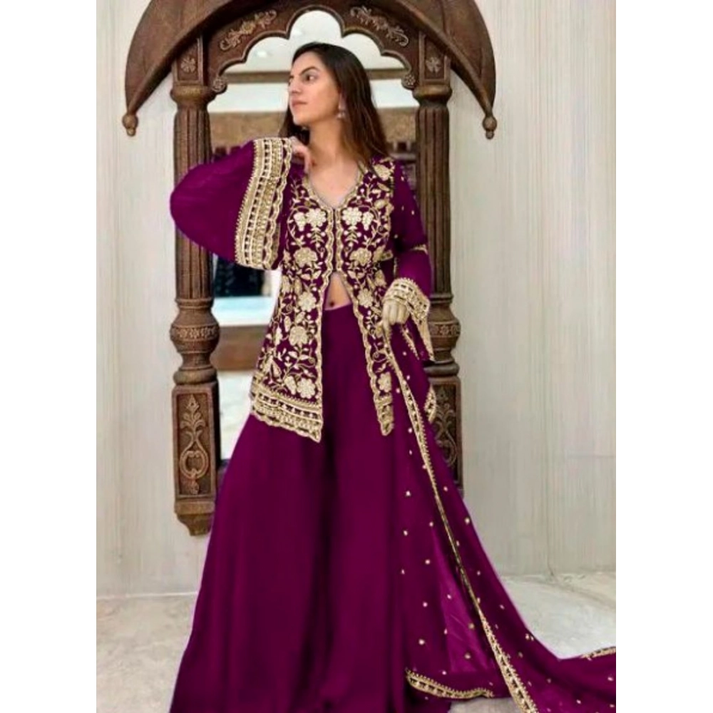 Spherevant Women's Georgette Embroidery 3-4th Sleeve V-Neck Kurti, Palazzo And Dupatta Set (Wine)