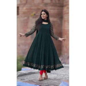 Spherevant Women's Georgette Embroidery 3-4th Sleeve Round Neck Kurti with Dupatta Set (Green)