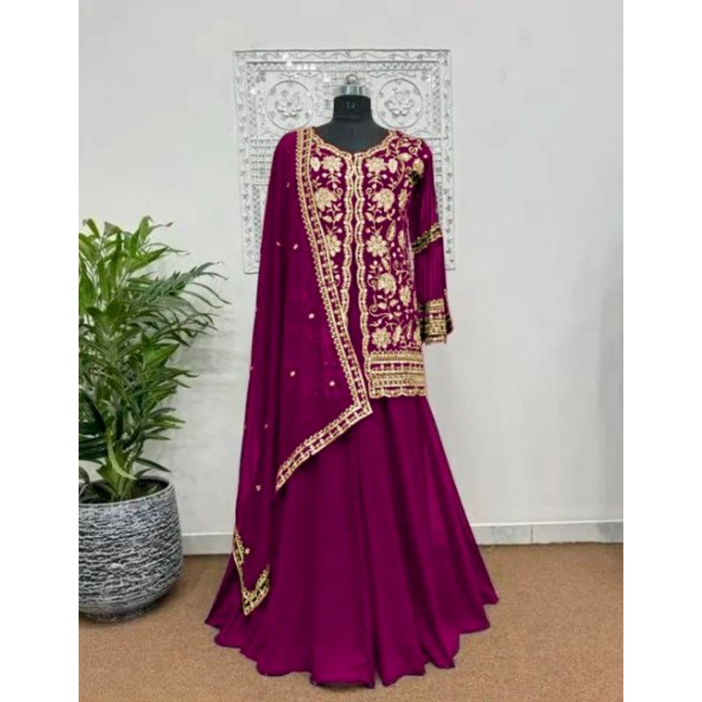 Spherevant Women's Georgette Embroidery 3-4th Sleeve V-Neck Kurti, Palazzo And Dupatta Set (Wine) - Image 2