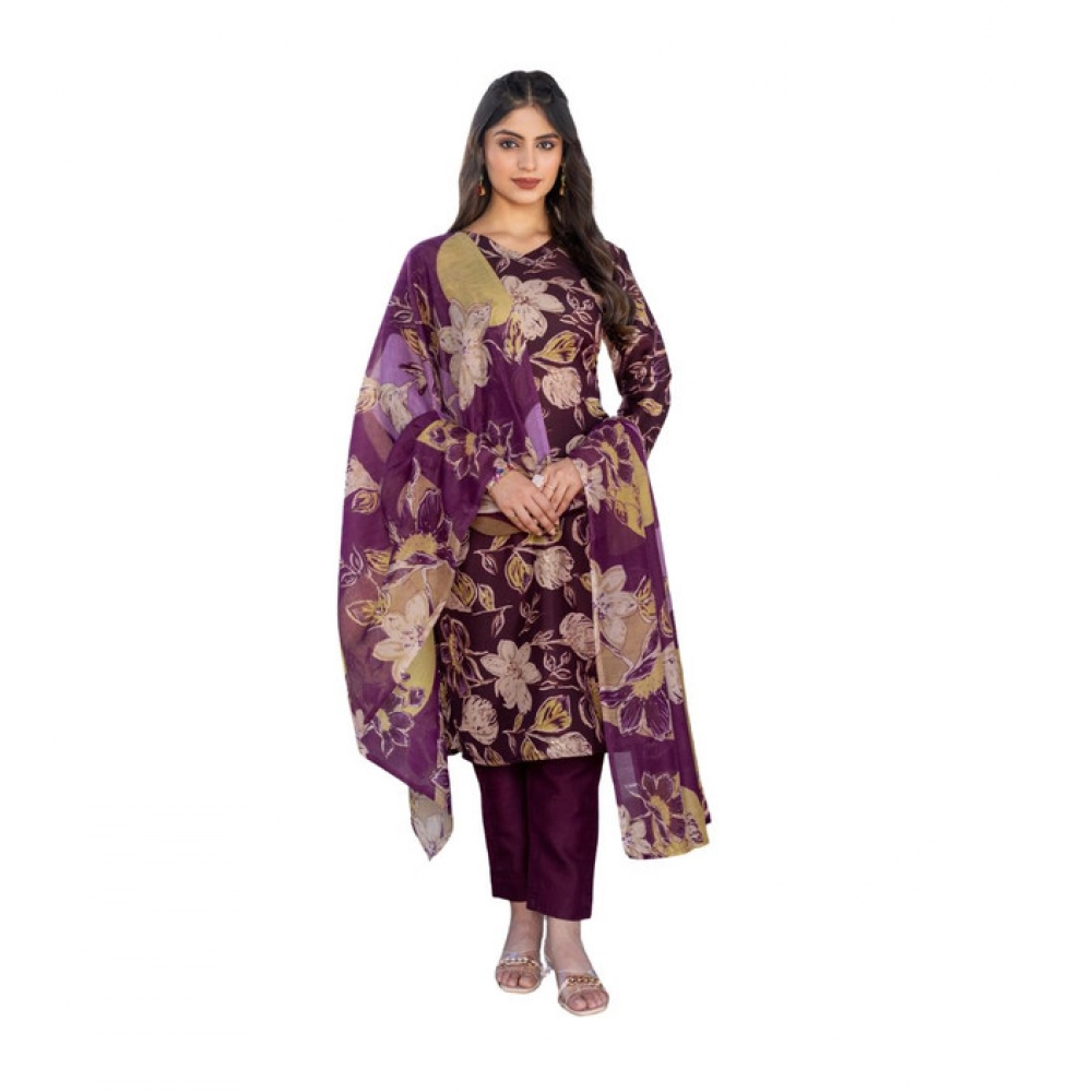 Spherevant Women's Cotton Blend Printed Kurti With Pant Dupatta Set (Purple)