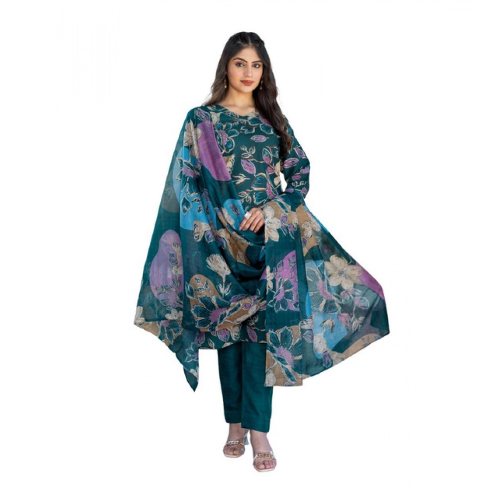 Spherevant Women's Cotton Blend Printed Kurti With Pant Dupatta Set (Rama)