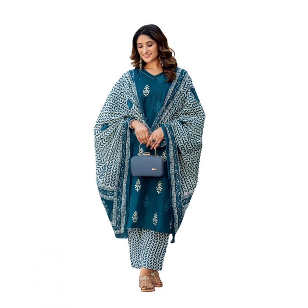 Spherevant Women's Cotton Blend Printed Kurti With Pant Dupatta Set (Morpichh)