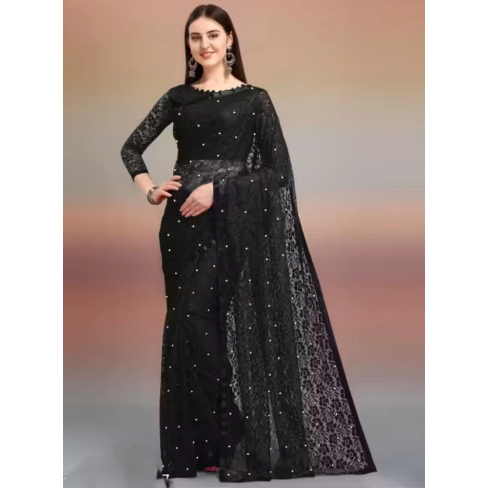 Spherevant Women's Net Self Design Saree With Unstitched Blouse 5.5Mtr (Black)
