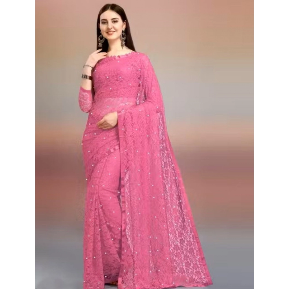 Spherevant Women's Net Self Design Saree With Unstitched Blouse 5.5Mtr (Dark Pink)
